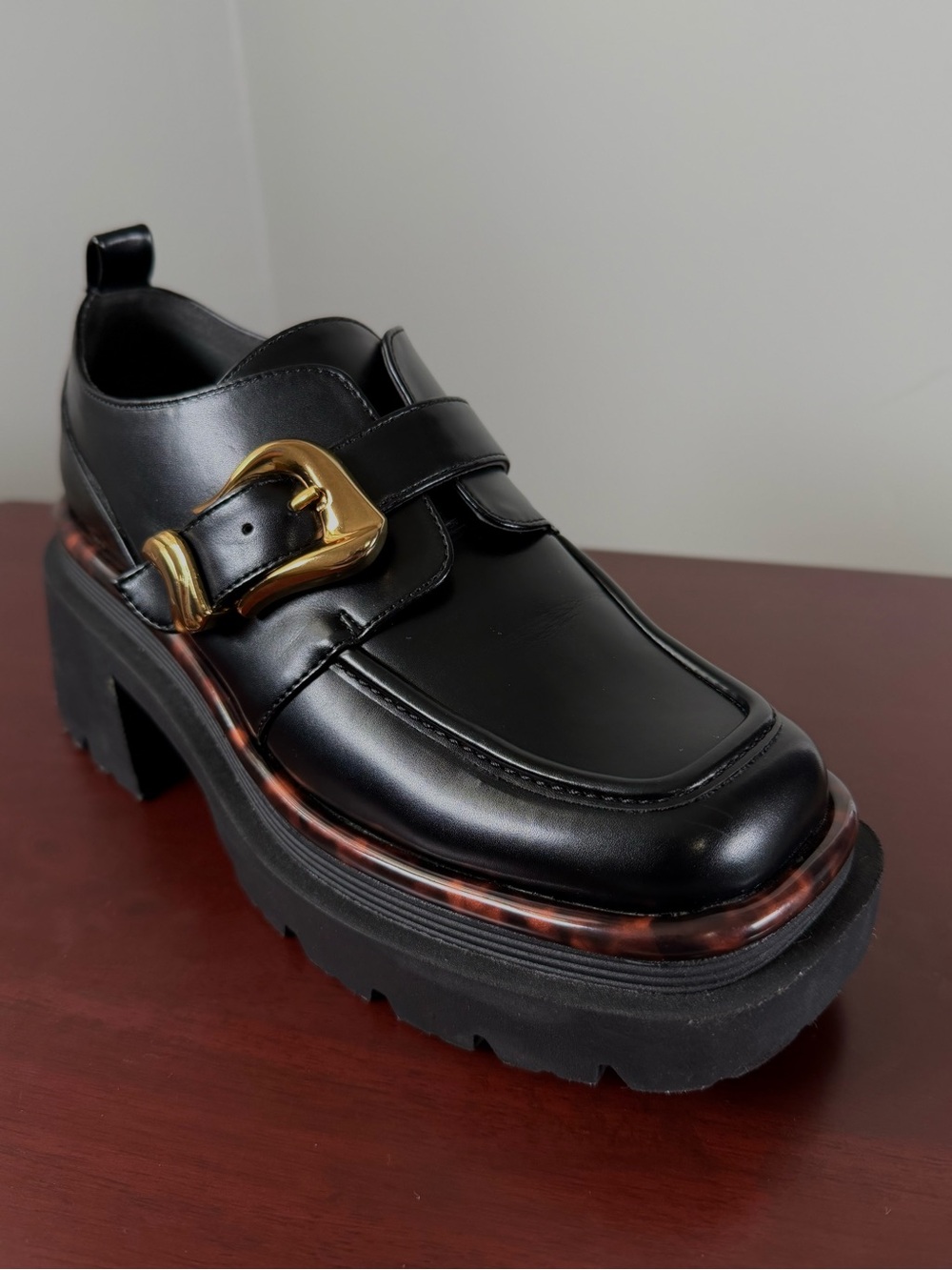 Circus by Sam Edelman Black Leather Platform Clog with Gold Buckle